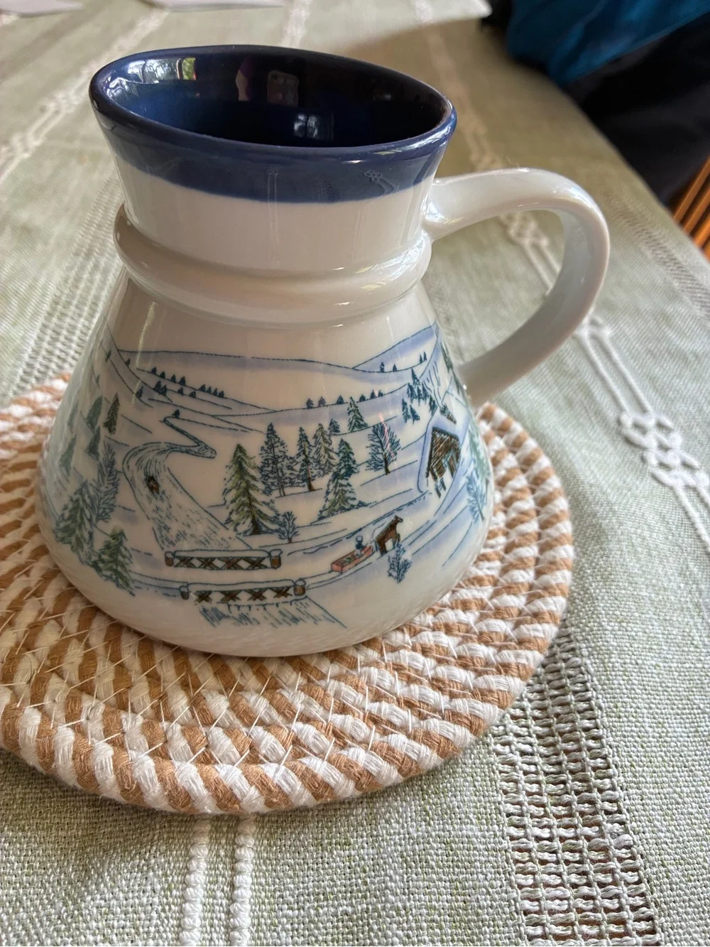 Otagiri no spill vintage mug with Blue Rim and Winter Scene